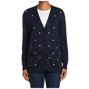 J. Crew Small Cardigan Polka Dot Navy Blue Cotton Rack Boyfriend  Knit  V-Neck